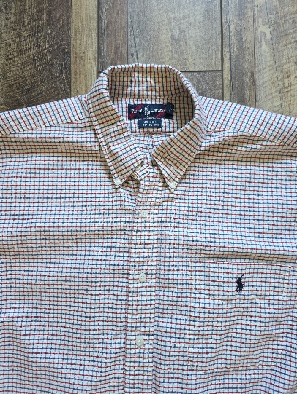 Ralph Lauren - Vintage 90s Big Shirt Tattersall Plaid - L - Cream Navy Red